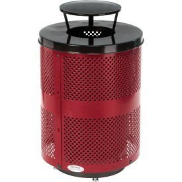 Global Equipment Outdoor Perforated Steel Trash Can W/Rain Bonnet Lid   Base, 36 Gallon, Red 261927RDD
